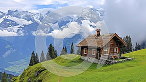 Swiss chalet in clouds on greenly mountain\'s top. photo