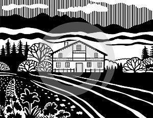 Swiss Chalet Style House in the Meadows of Switzerland in Black and White Retro Stencil Style
