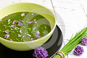 Swiss Chard and Potato Cream Soup Chopped Chives with Flowers