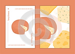 Swiss cheese round wheels with cut piece vector flat poster concept. Gouda and Maasdam fresh and tasty wheels.