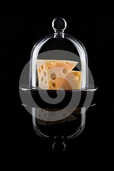 Swiss cheese in a vintage platter with glass cover on a black background.