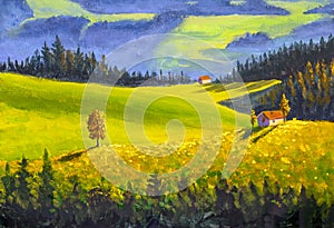 Swiss countryside landscape painted by brush and acrylic on canvas by artist