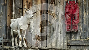 a Swiss countryside scene with a front-facing shot of a majestic Appenzeller goat, its proud horns framing the barn door