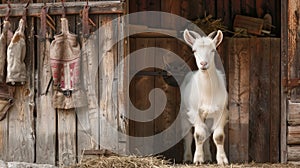 a Swiss countryside scene with a front-facing shot of a majestic Appenzeller goat, its proud horns framing the barn door