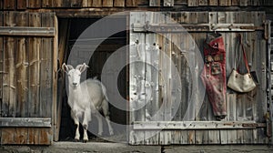 a Swiss countryside scene with a front-facing shot of a majestic Appenzeller goat, its proud horns framing the barn door