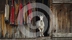 a Swiss countryside scene with a front-facing shot of a majestic Appenzeller goat, its proud horns framing the barn door