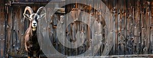 a Swiss countryside scene with a front-facing shot of a majestic Appenzeller goat, its proud horns framing the barn door