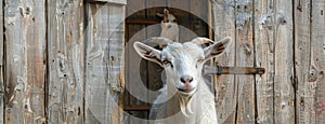 a Swiss countryside scene with a front-facing shot of a majestic Appenzeller goat, its proud horns framing the barn door