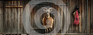 a Swiss countryside scene with a front-facing shot of a majestic Appenzeller goat, its proud horns framing the barn door