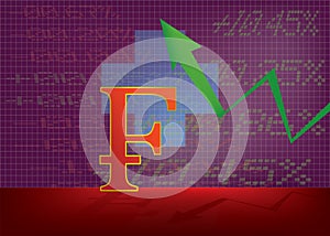 Swiss currency growth illustration with green up arrow