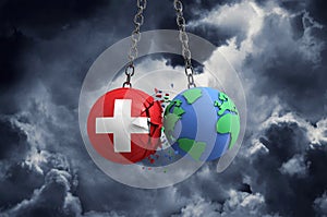 Swiss flag ball smashing into planet earth. Global impact and disaster concept. 3D Render