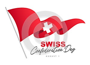 Swiss flag is flying on the flagpole. Confederation Day in Switzerland. National holiday in honor of the founding of Switzerland