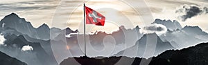 Swiss flag in front of Swiss Alps