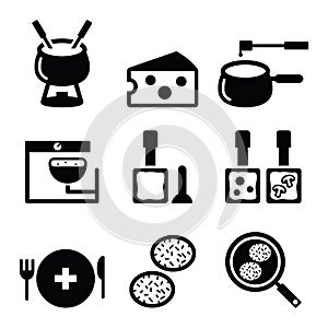 Swiss food and dishes icons - fondue, raclette, rÃ¶sti, cheese