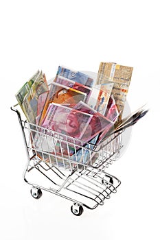 Swiss franc banknote with shopping basket