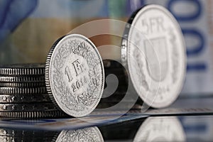 Swiss franc coins and banknotes