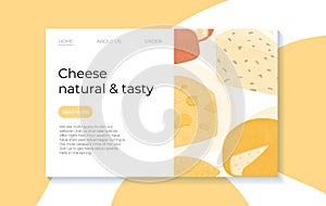 Swiss or French cheese vector flat landing page concept. Gouda, Parmesan, Brie, Roquefort or Maasdam cheese.