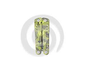 Swiss knife isolated on white background. green carbon and grey multi functional tool.