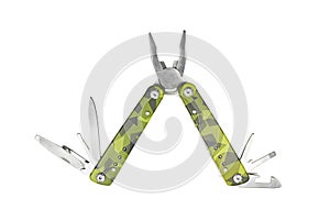 Swiss knife isolated on white background. green carbon and grey multi functional tool.