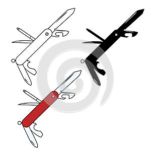 swiss knife in red, black and white. vector image of open. open knife