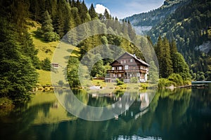 swiss landscape with house, lake, mountains and pine trees, AI generative