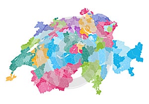 Swiss vector map showing cantons, districts and municipalities borders.