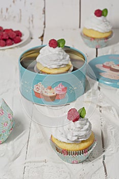 Swiss meringue cupcakes with raspberries and rose water