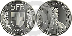 Swiss money 5 Francs silver coin obverse