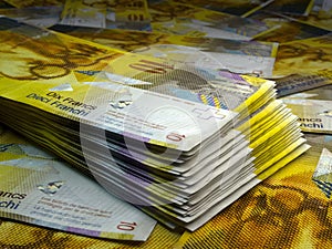Swiss money. Swiss franc banknotes. 10 CHF francs bills