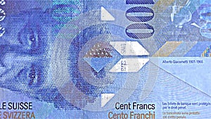 Swiss Money â€“ 100 CHF, Cent Francs - iridescent stripe banknote â€“ holographic stripe, detail