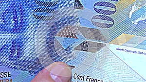 Swiss Money â€“ 100 CHF, Cent Francs - iridescent stripe banknote â€“ holographic stripe, detail