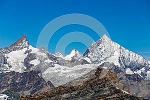 Swiss mountain group seen from Plateau Rosa, Val d`Aosta, Italy.