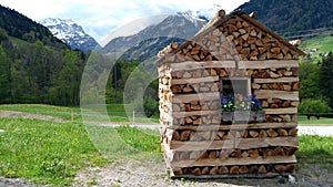 Swiss mountain logs house and flowers