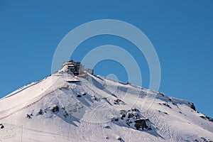 Swiss mountain peak after snowfall with panoramic view of Murren Jungfrau ski region