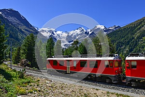Swiss mountain train Bernina Express crossed Alps