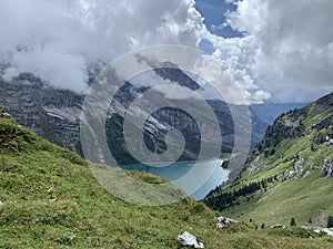 Swiss mountains in Berner Oberland - Lake oeschinen or Oeschinensee