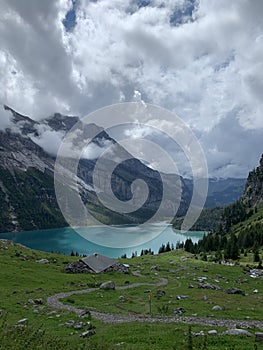 Swiss mountains in Berner Oberland - Lake oeschinen or Oeschinensee