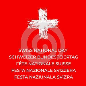 Swiss National Day lettering in English, French, Italian, German and Romansh. Switzerland holiday typography poster. Vector
