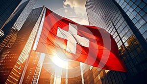 Swiss National Flag Blowing in the Wind with Tall Skyscrapers on Background - Generative Ai