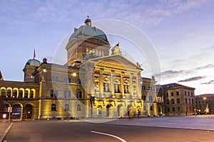 The Swiss parliament building Bundeshaus in twilight,