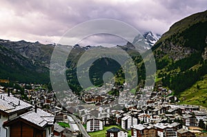 Swiss Resort Town of Zermatt and Matterhorn Mountain on a Cloudy Day