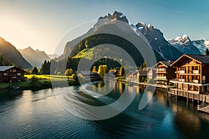 A Swiss riverside settlement, where wooden cottages harmonize with the natural beauty of the river and the surrounding mountains