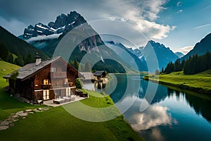 A Swiss riverside settlement, where wooden cottages harmonize with the natural beauty of the river and the surrounding mountains