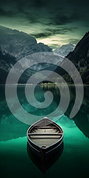 Swiss Style Boat Floating In Dark Emerald Lake Near Mountains