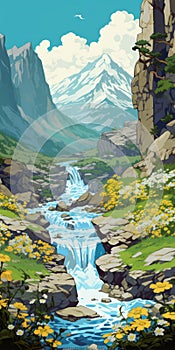 Swiss Style Waterfall: A Digital Painting Of Nature\'s Beauty photo