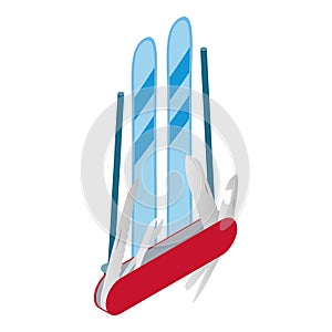 Swiss symbol icon isometric vector. Ski equipment and swiss multipurpose knife