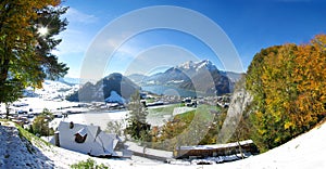 Swiss town and mountains in winter