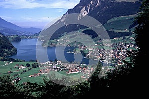 Swiss village by a lake