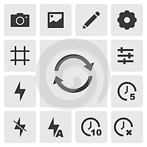 Switch camera icon vector design. Simple set of smartphone app icons silhouette, solid black icon. Phone application icons concept