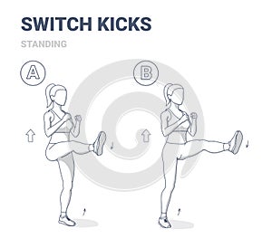 Switch Kicks Exercise Women Home Legs Workout Guidance Flat Outline Illustration. photo